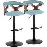 Gardenia Adjustable Swivel Bar Stool in Black Metal, Walnut Wood & Teal Fabric (Set of 2)